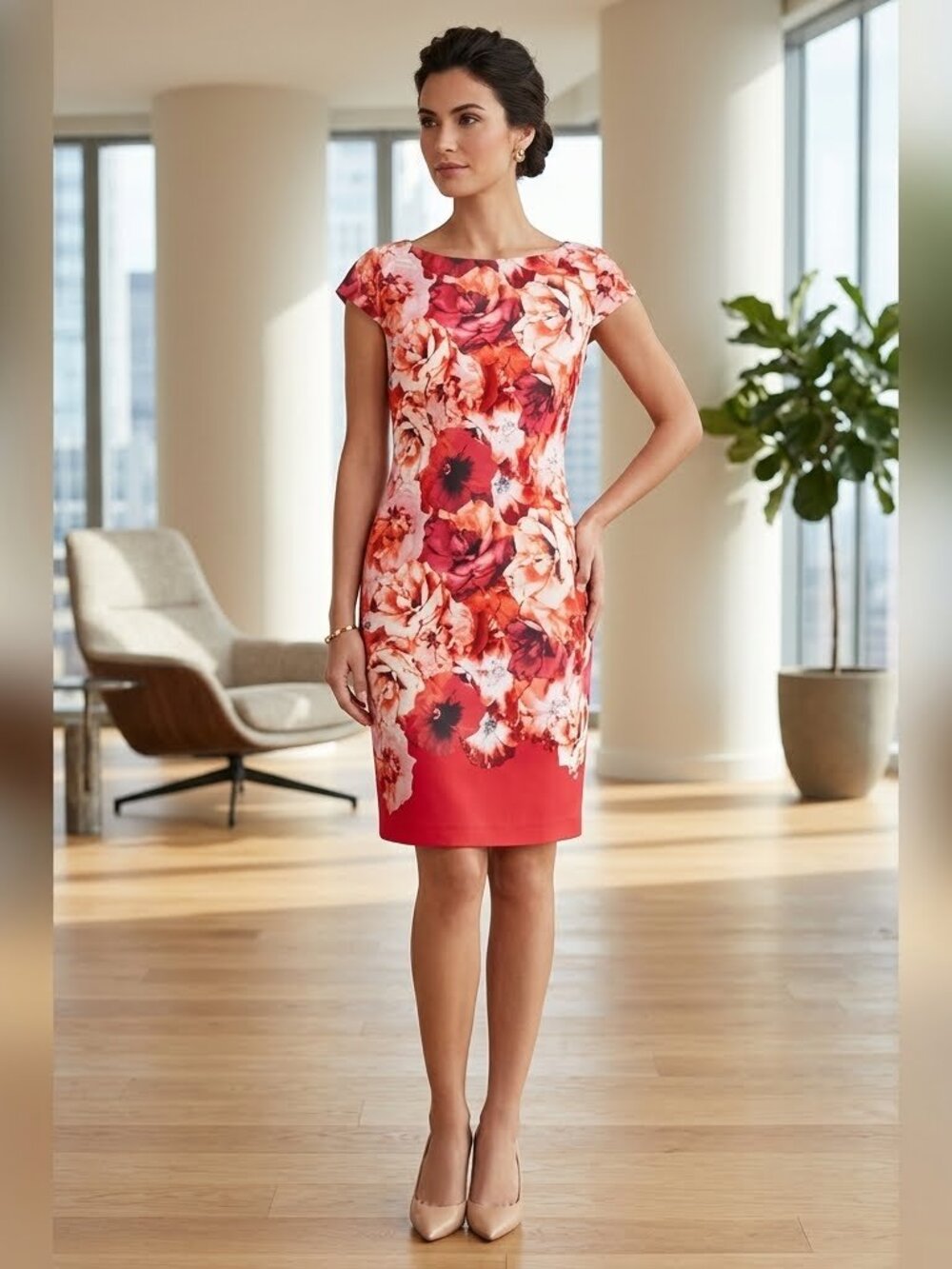 Vince Camuto Scuba Floral Print Lined Dress With Zipper Back Closure